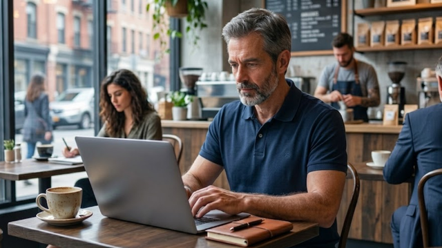 The man on the right, in a green plaid shirt, points to his laptop screen and is explaining a detailed life insurance application document. Between them are coffee cups, a business notebook, and print