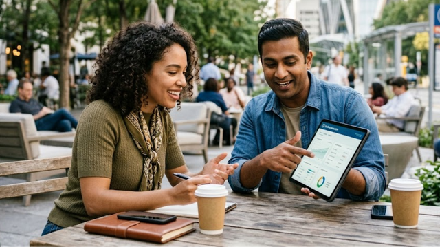 A smiling couple sitting at an outdoor cafe table with coffee cups, reviewing a car insurance comparison chart and financial graphs on a digital tablet.