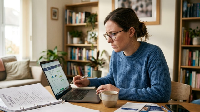 A person sitting at a desk looking focused while researching home insurance options on a laptop, surrounded by reference documents and a notebook.