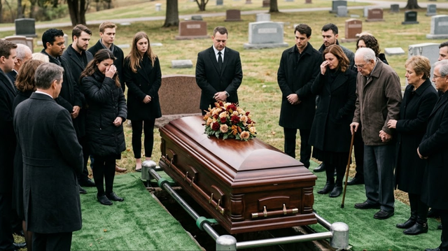Funeral service with family gathered around a casket at a cemetery, illustrating the importance of burial insurance, funeral cost coverage 2026, what is burial insurance, final expense insurance, maxi