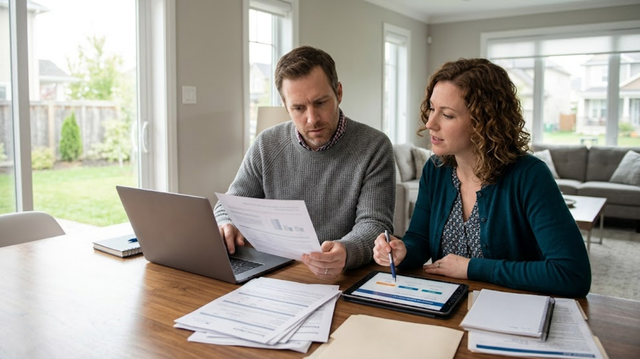 A couple sitting at a table using a laptop and tablet to find the best way to compare home insurance options for their house.