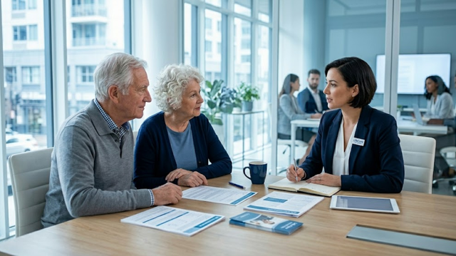 Two seniors in their 70s—a man with gray hair in a sweater and a woman with curly white hair—sit at a wooden desk, engaged in a serious yet calm conversation with a female life insurance agent. 
