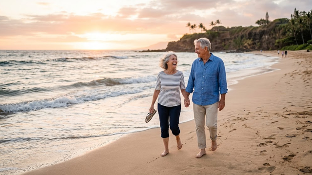 Seniors walking along the seashore at sunset, smiling and enjoying each other’s company with a sense of peace and security, knowing their final expense plans are in place.