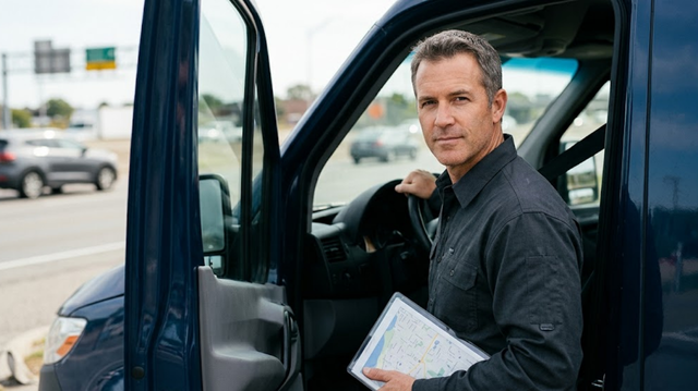 A professional driver in a dark grey work shirt sits in the driver's seat of a dark blue transport van with the door open, holding a clipboard with a map while looking confidently toward the camera