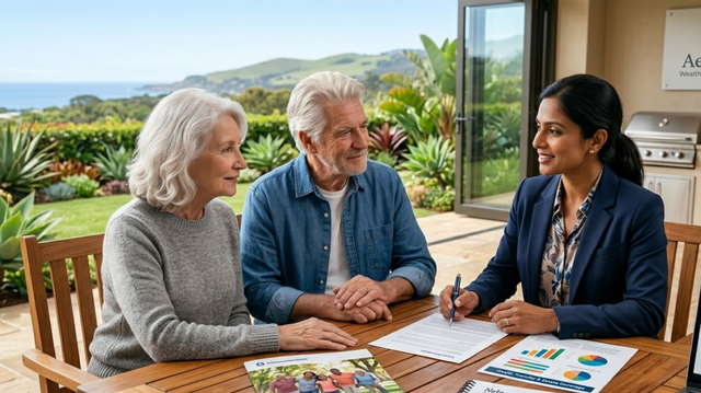 Senior couple discussing life insurance for seniors and over 70 life insurance plans, including burial insurance and senior life insurance rates with advisor.