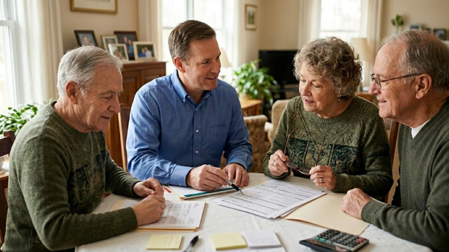 An insurance agent reviews paperwork at a dining table with an elderly woman and two elderly men in a cozy living room setting.