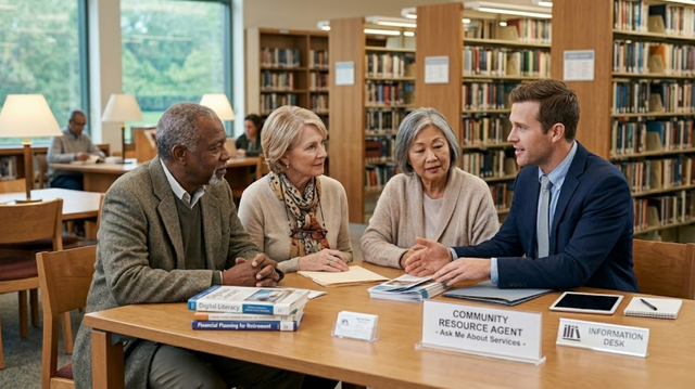 A warm and trustworthy scene of a professional insurance advisor meeting with a diverse group of seniors (aged 60+)